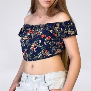 Xhilaration Navy Floral Off-Shoulder Crop Top